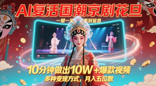 AI复活国潮京剧花旦，一颦一笑美到窒息，10分钟做出10W+爆款视频，多种变现方式，月入五位数-百赚智库