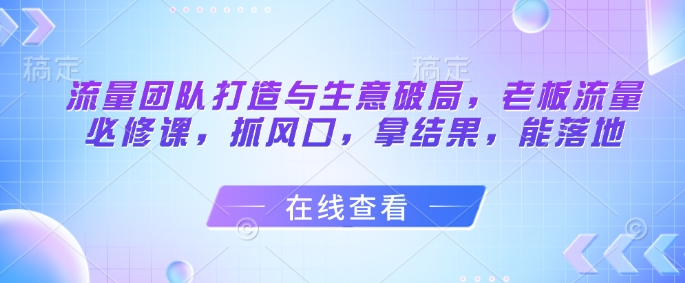 流量团队打造与生意破局，老板流量必修课，抓风口，拿结果，能落地-百赚智库